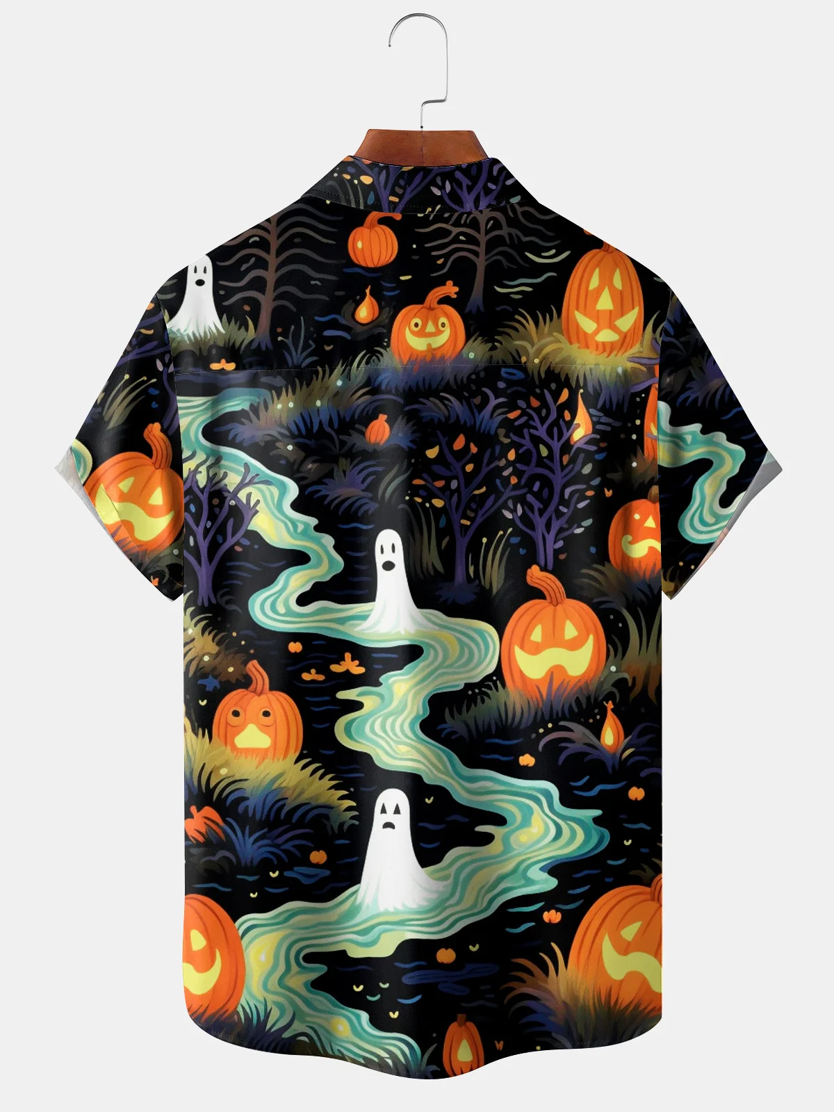 Moisture-wicking Halloween Pumpkin Ghost Chest Pocket Casual Shirt