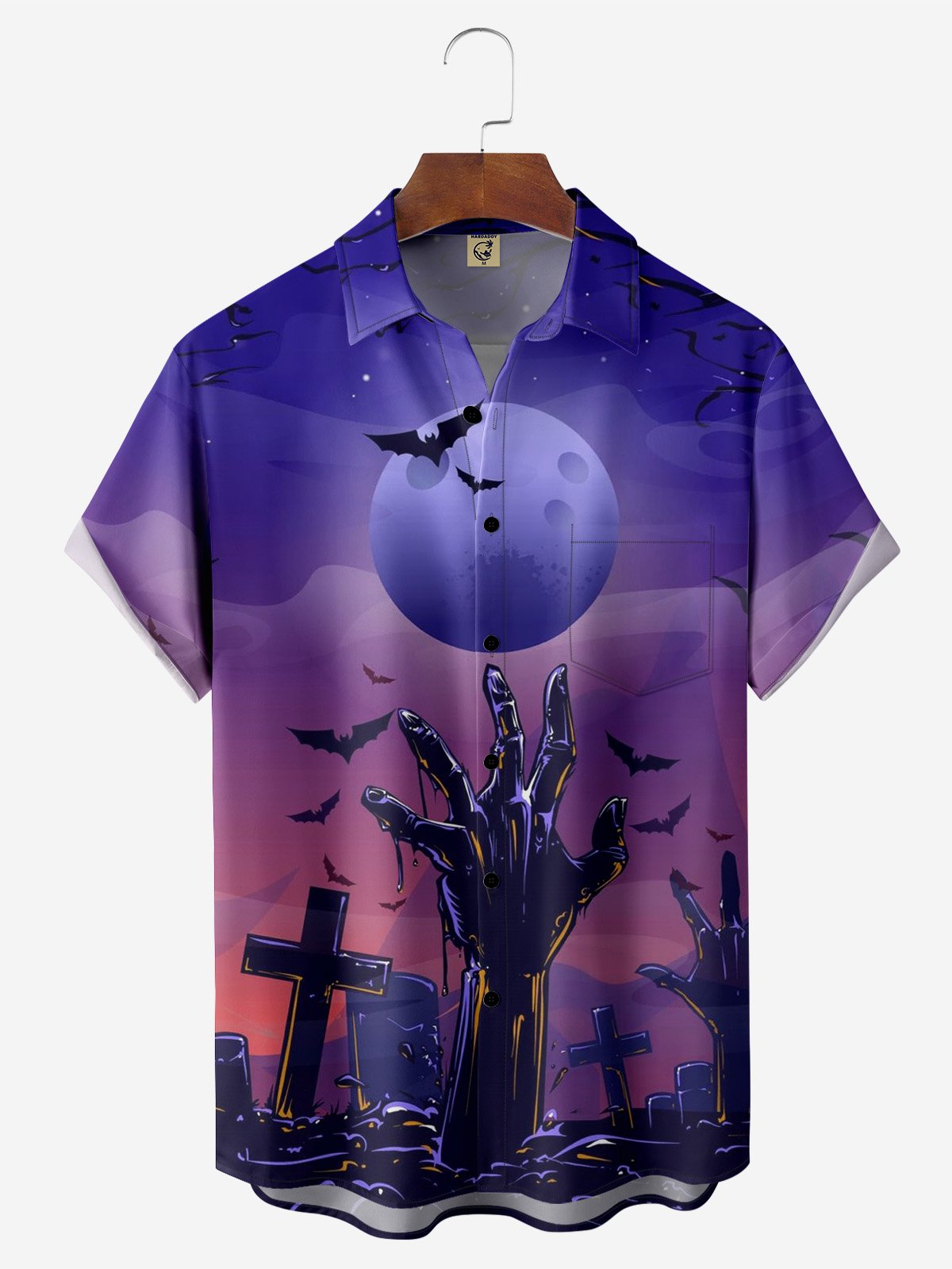 Moisture-wicking Halloween Bat Cross Chest Pocket Casual Shirt