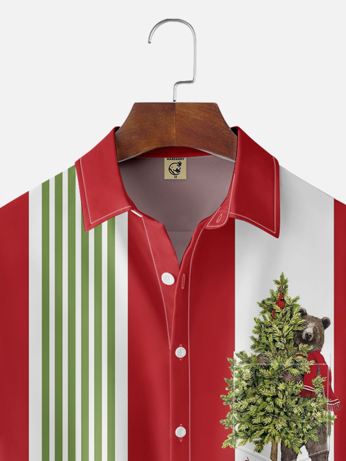 Moisture-wicking Christmas Tree Bear Chest Pocket Bowling Shirt