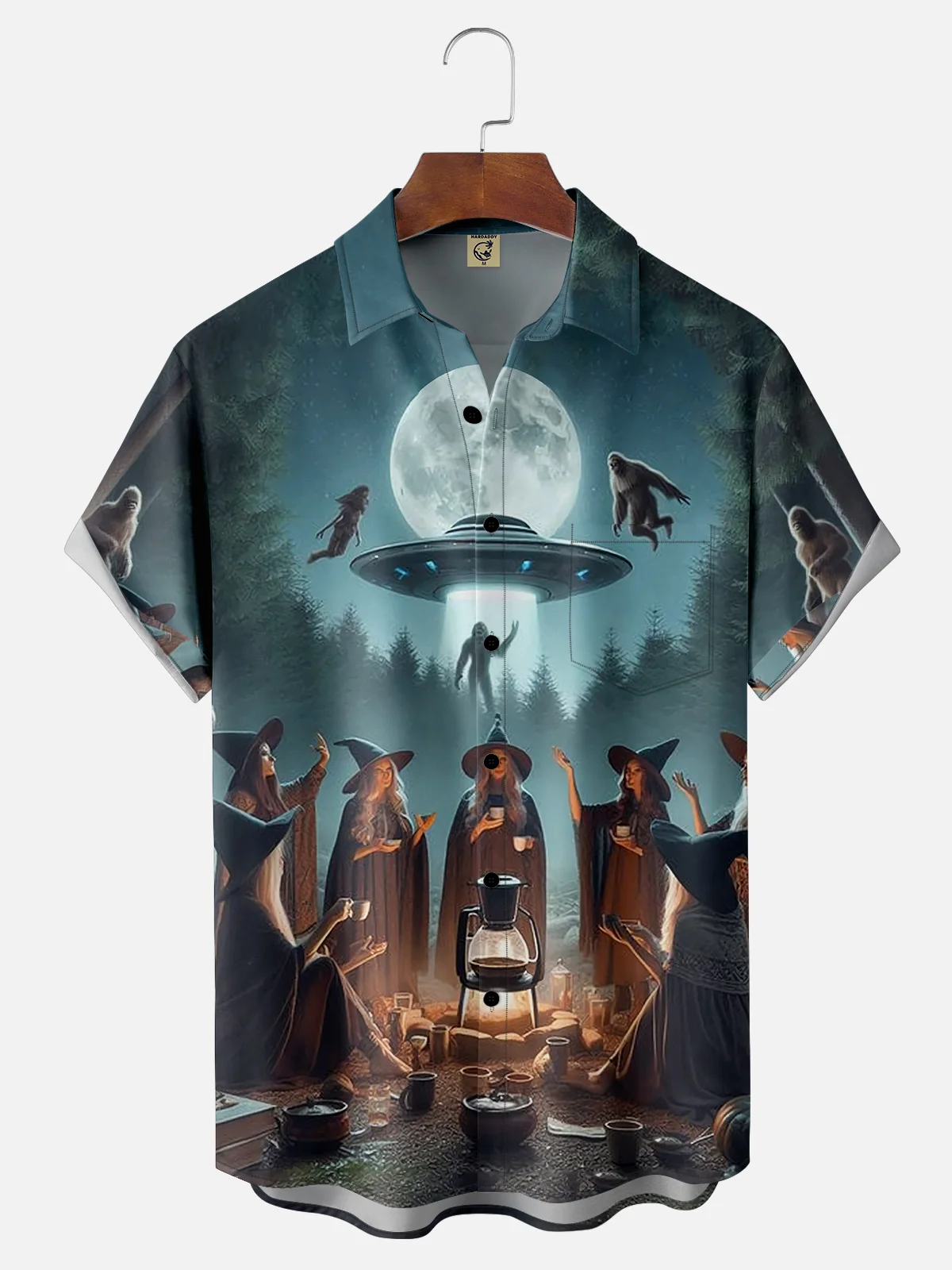 Moisture-wicking Witch's Night with Bigfoot and Aliens Chest Pocket Hawaiian Shirt