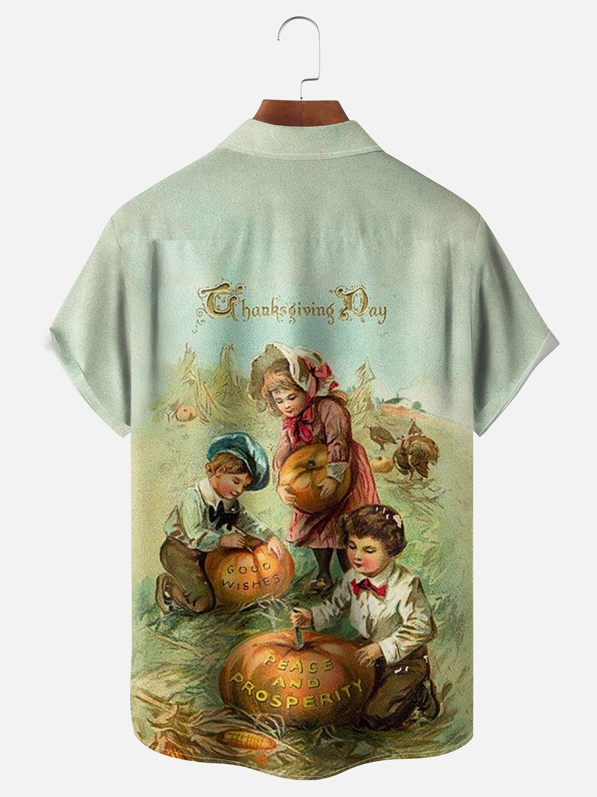 Moisture-wicking Vintage Thanksgiving Pumpkin Picking Kids Chest Pocket Hawaiian Shirt