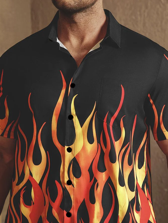 Flame Pattern Chest Pocket Short Sleeve Shirt