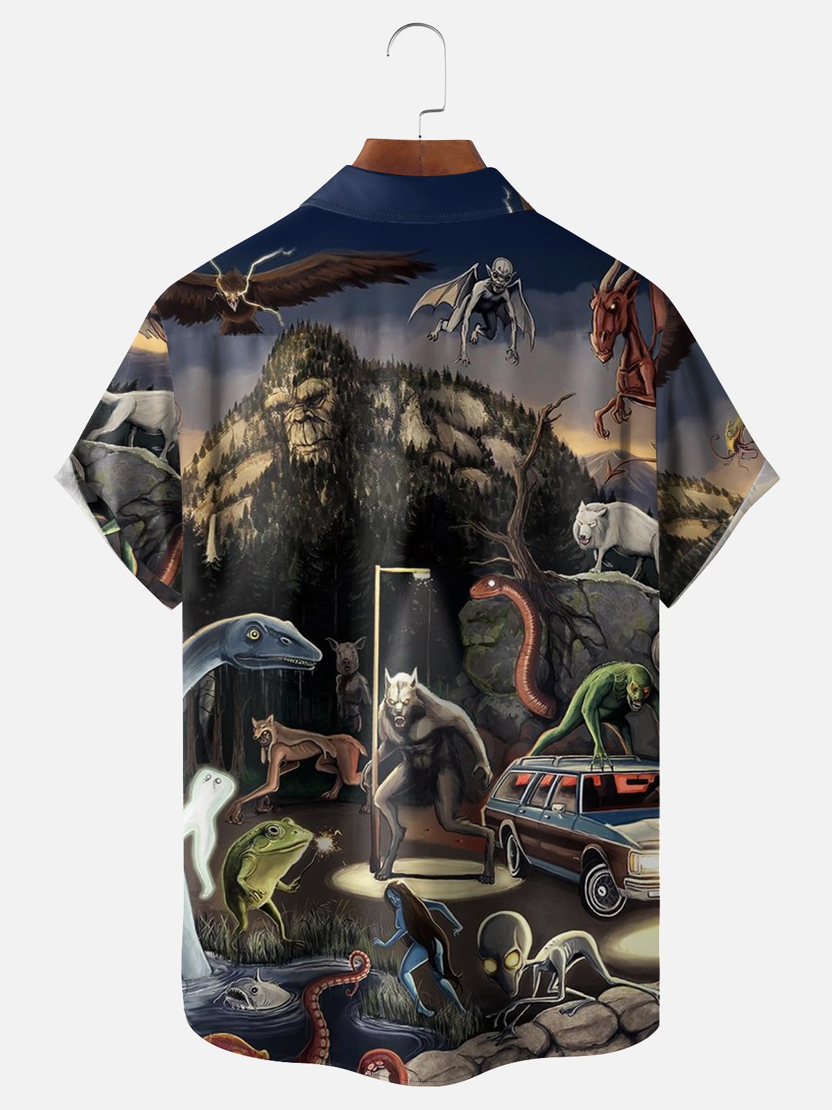 Moisture-wicking Urban Legend Monster Illustration Chest Pocket Hawaiian Shirt