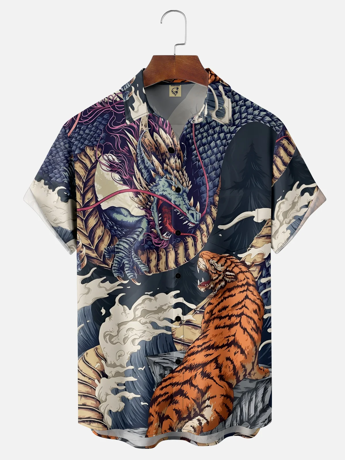 Moisture-wicking Ukiyo-e Dragon Tiger Chest Pocket Casual Shirt