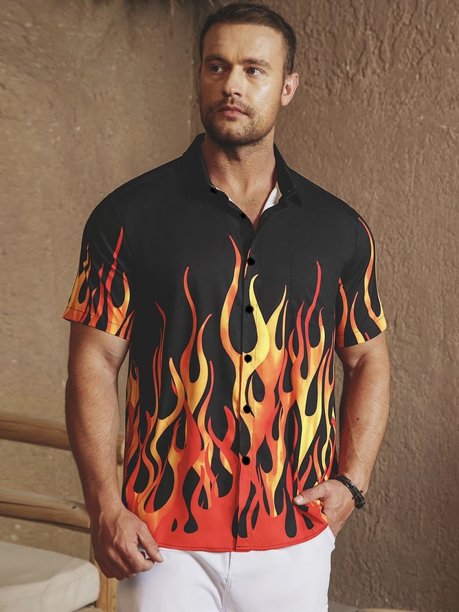 Flame Pattern Chest Pocket Short Sleeve Shirt