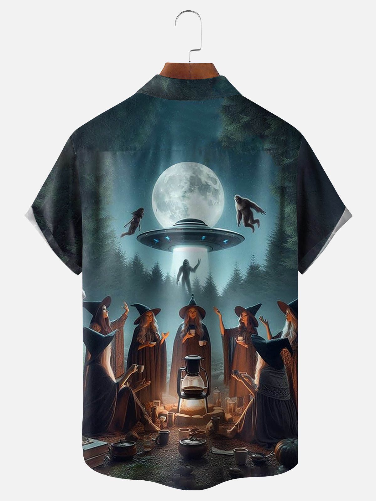 Moisture-wicking Witch's Night with Bigfoot and Aliens Chest Pocket Hawaiian Shirt