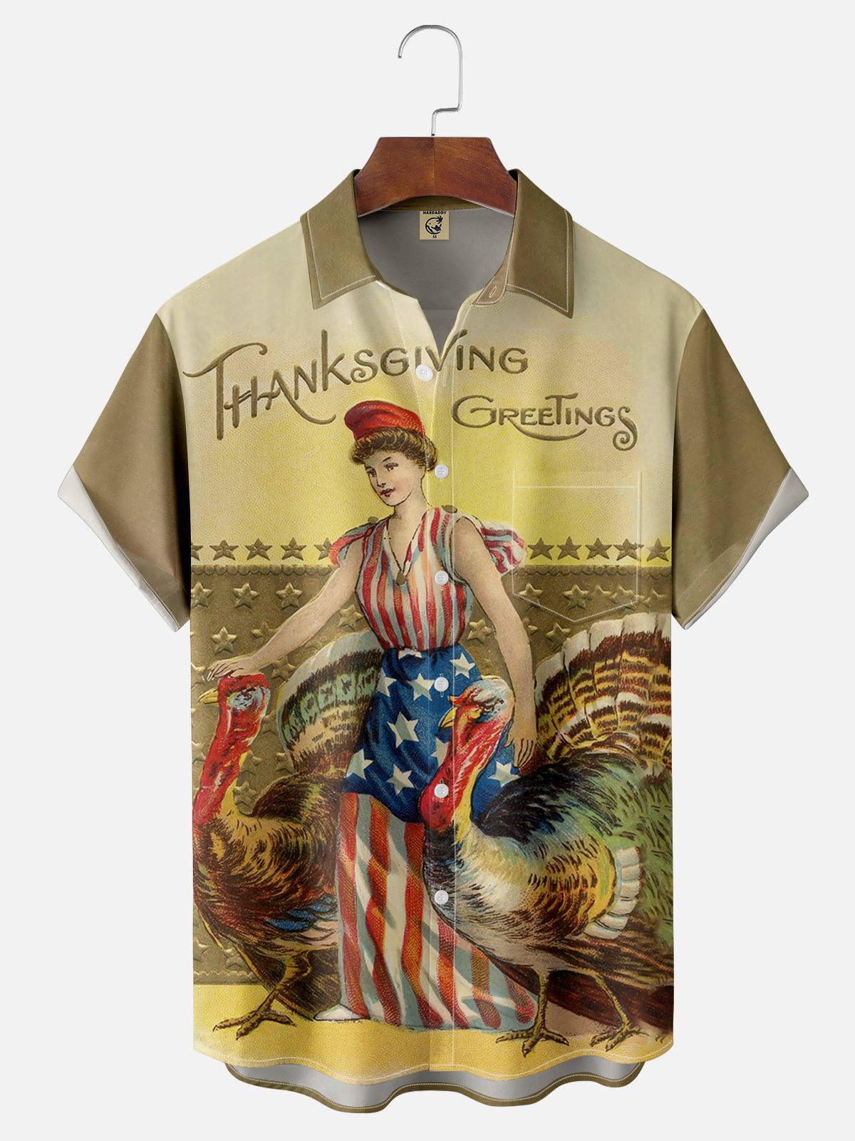 Moisture-wicking Vintage Thanksgiving Turkey Illustration Chest Pocket Hawaiian Shirt