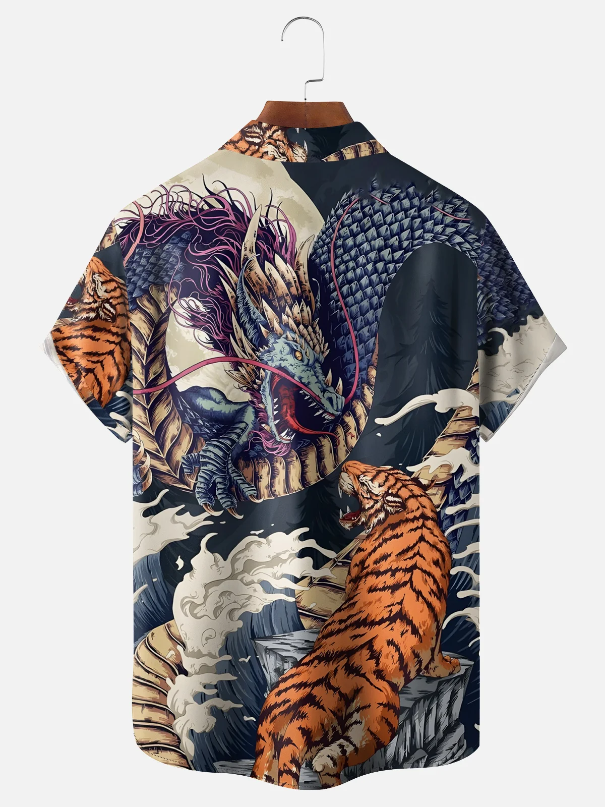 Moisture-wicking Ukiyo-e Dragon Tiger Chest Pocket Casual Shirt