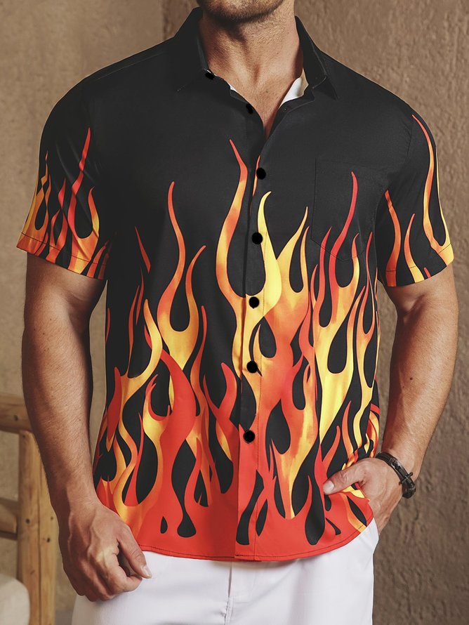 Flame Pattern Chest Pocket Short Sleeve Shirt