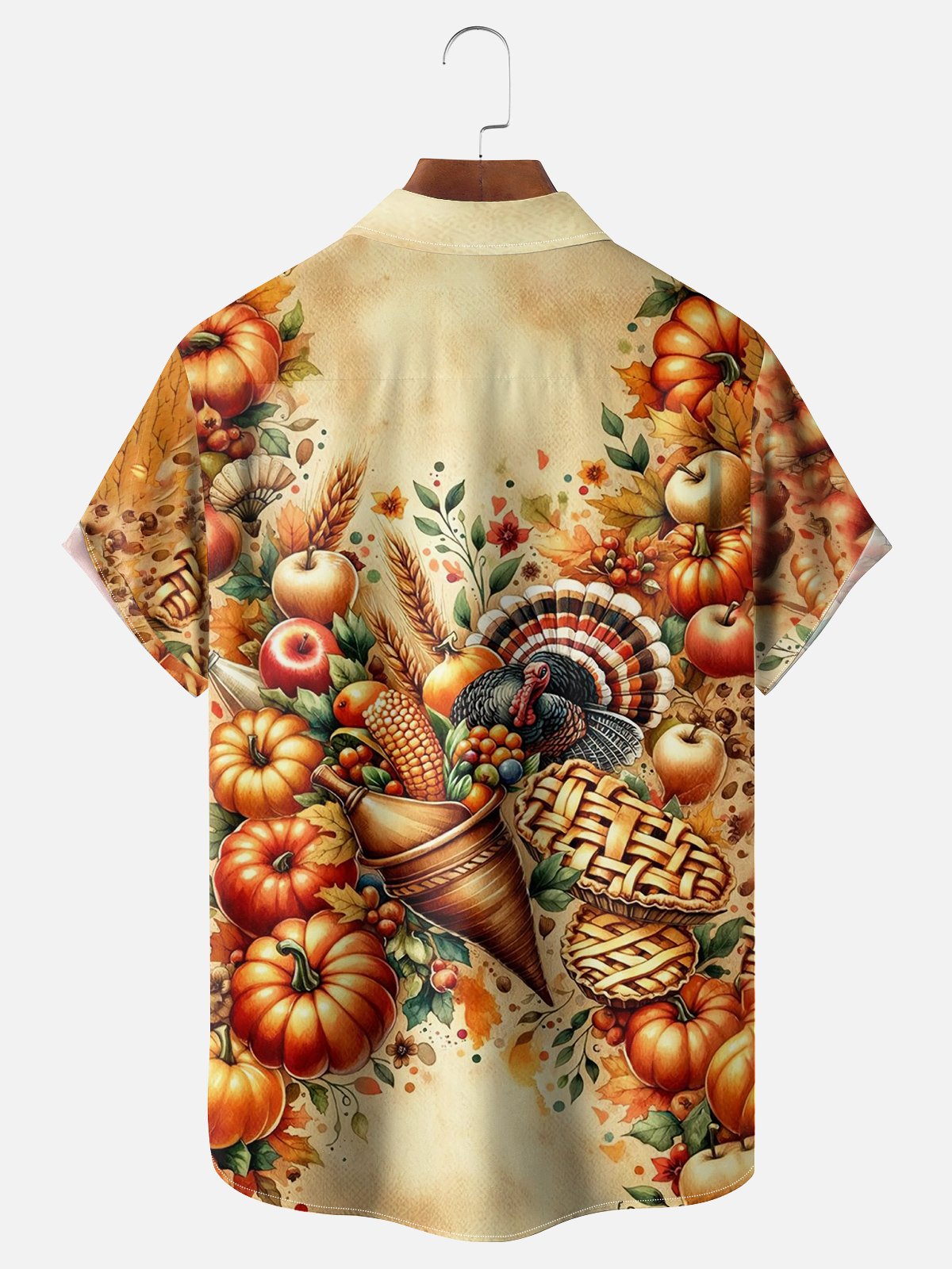 Moisture-wicking Thanksgiving Pumpkin and Turkey Chest Pocket Hawaiian Shirt