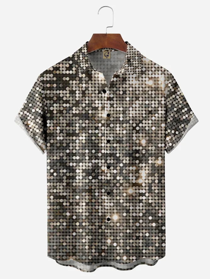 Tall Size Moisture-wicking 70s Bling Flash Chest Pocket Short Sleeve Disco Shirt