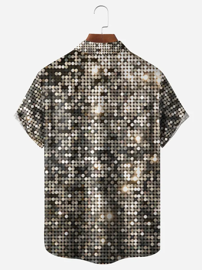 Tall Size Moisture-wicking 70s Bling Flash Chest Pocket Short Sleeve Disco Shirt