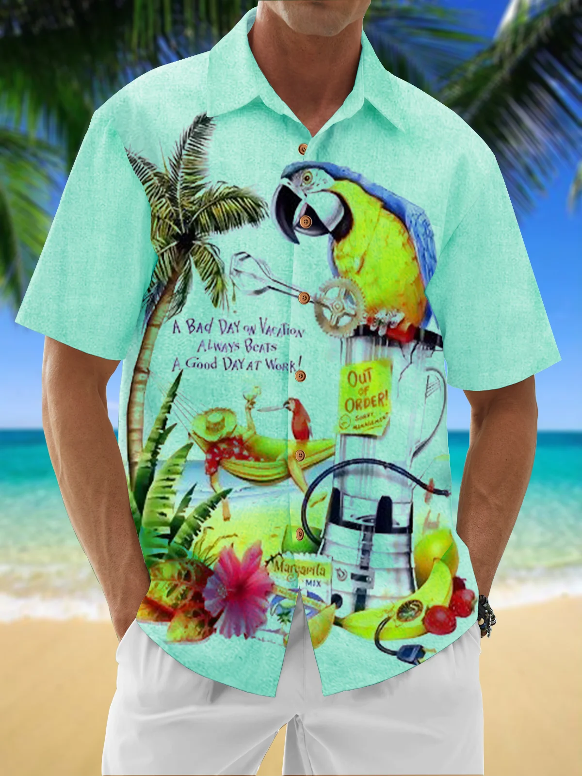 Moisture Wicking Coconut Tree Parrot Chest Pocket Hawaiian Shirt