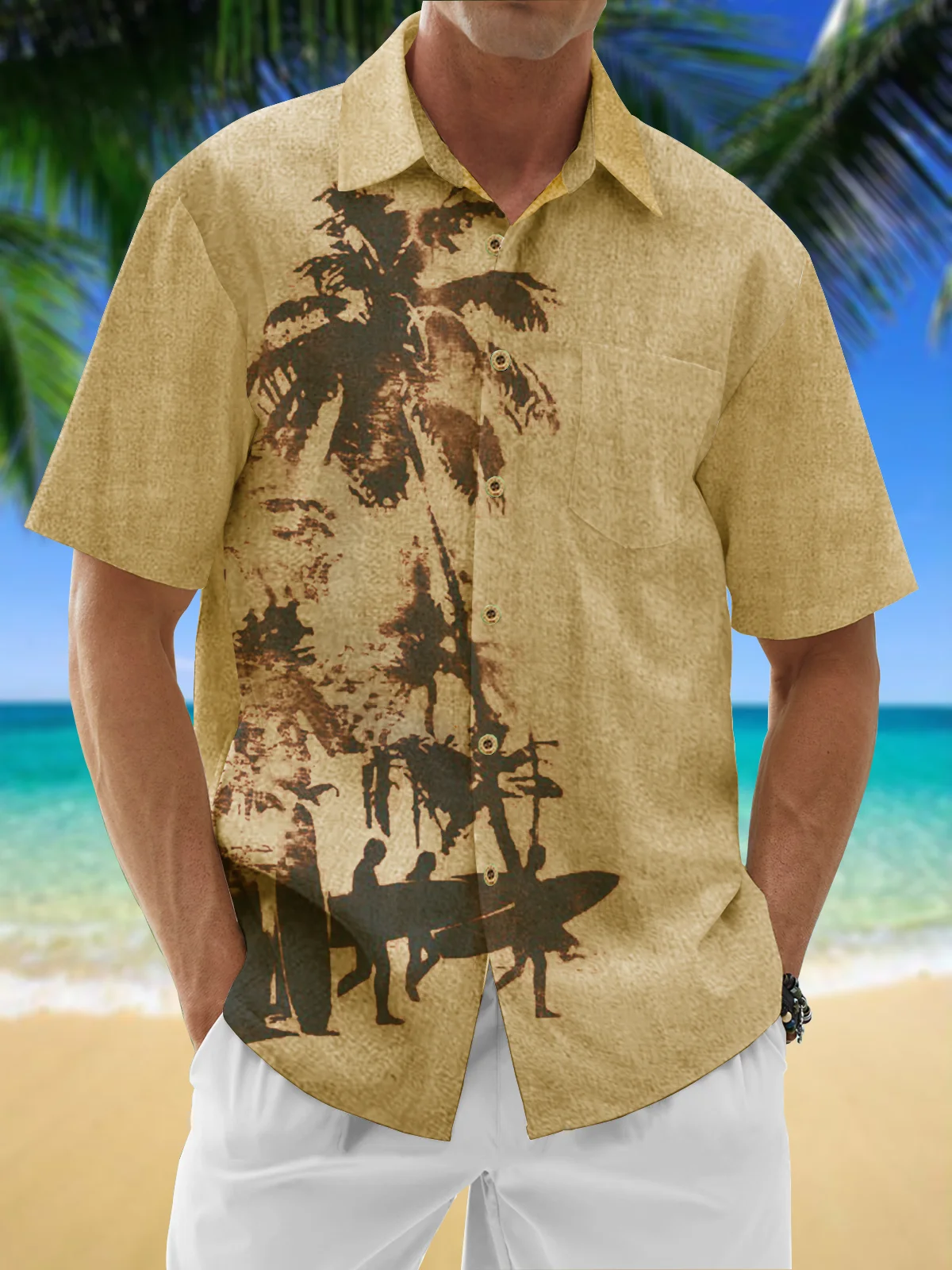 Moisture Wicking Coconut Tree Chest Pocket Hawaiian Shirt