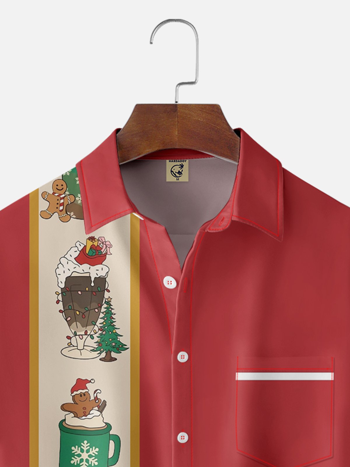 Moisture-wicking Christmas Santa Gingerbread Chest Pocket Bowling Shirt