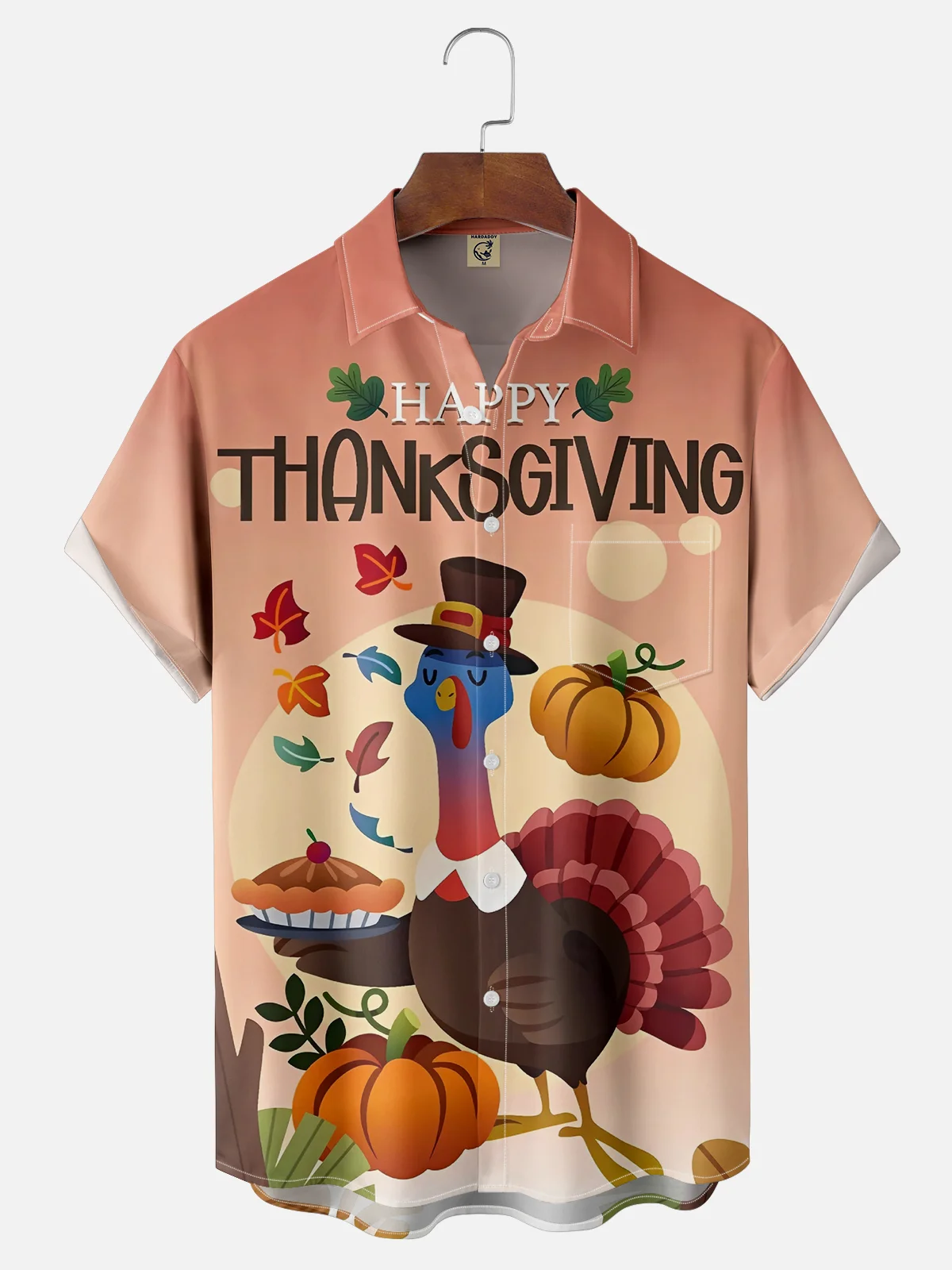 Moisture-wicking Thanksgiving Turkey Pumpkin Chest Pocket Casual Shirt