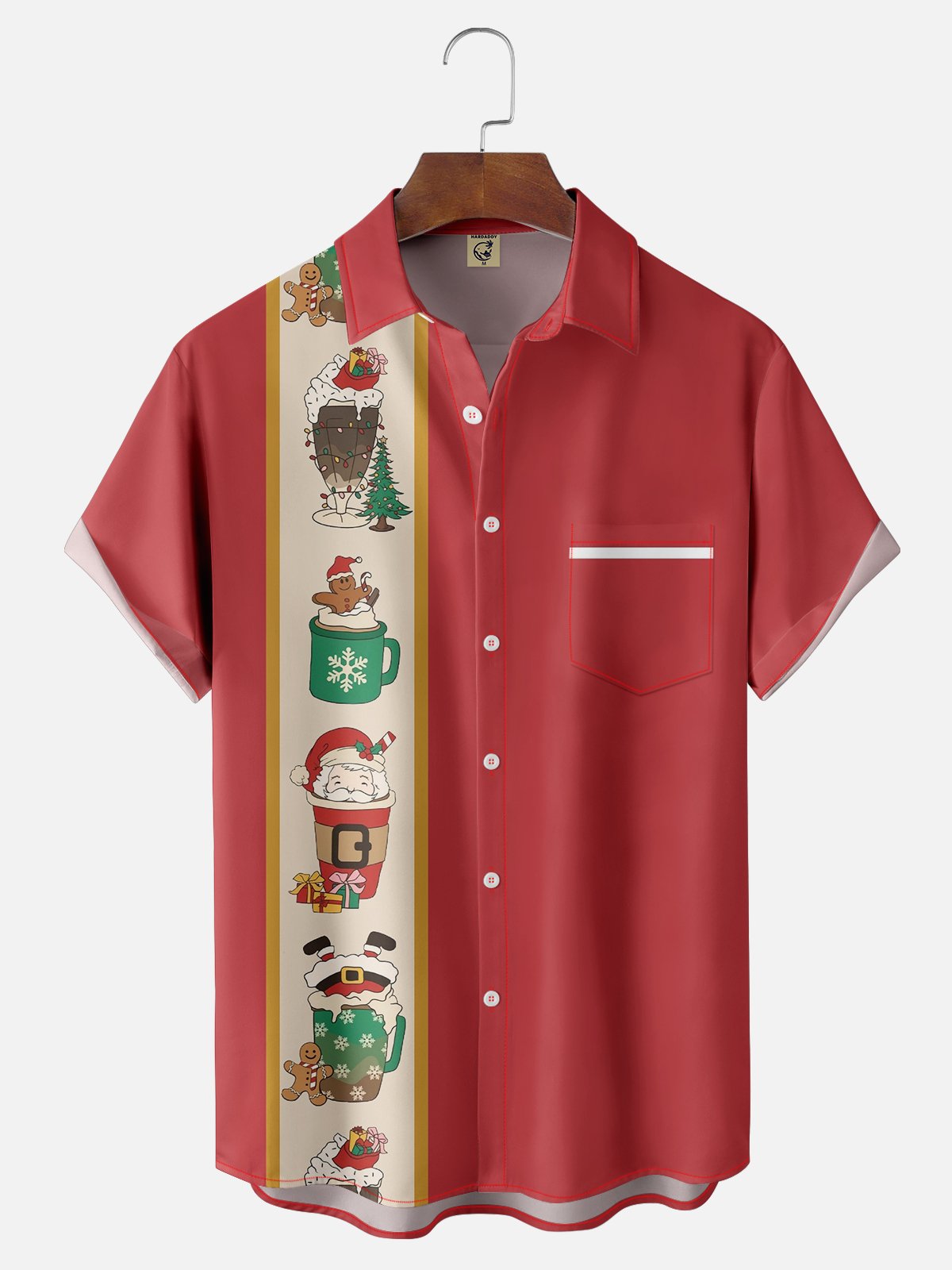 Moisture-wicking Christmas Santa Gingerbread Chest Pocket Bowling Shirt