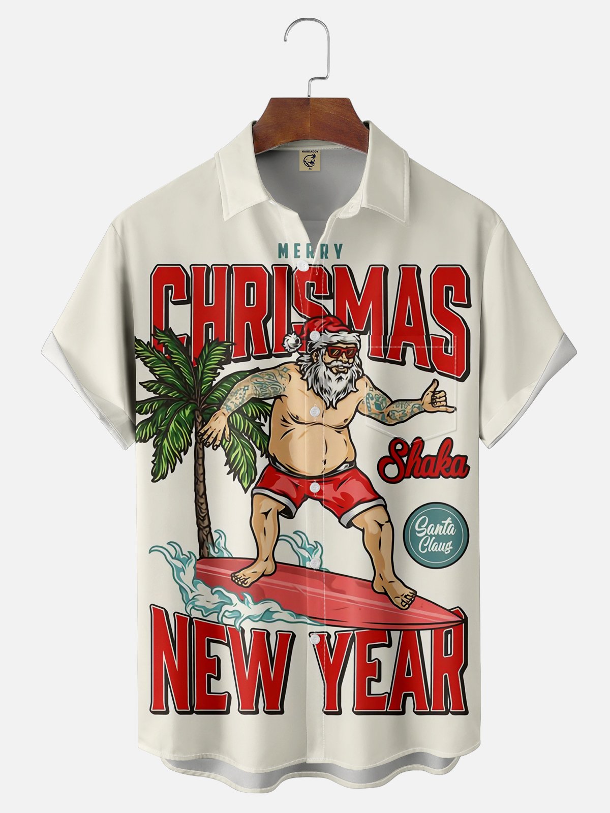 Moisture-wicking Christmas Santa Claus Beach Vacation Surfing Chest Pocket Casual Shirt