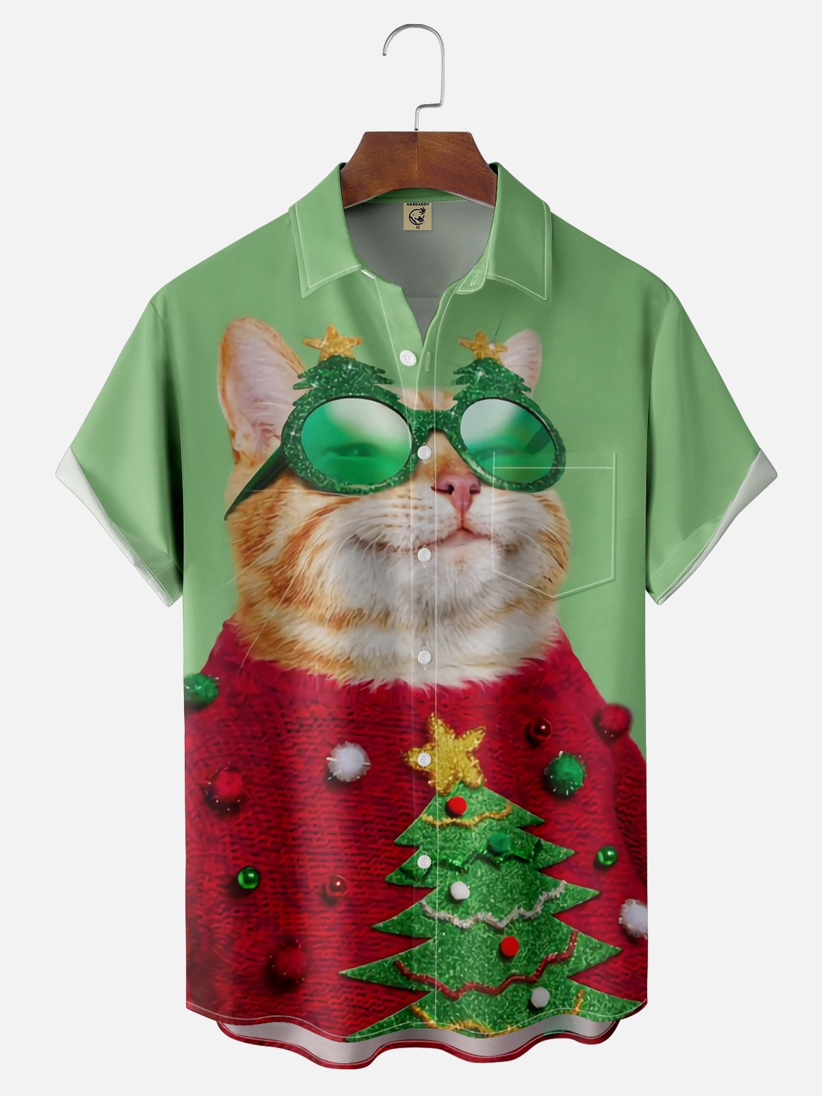 Moisture-wicking Christmas Cat Ugly Sweater Chest Pocket Casual Shirt