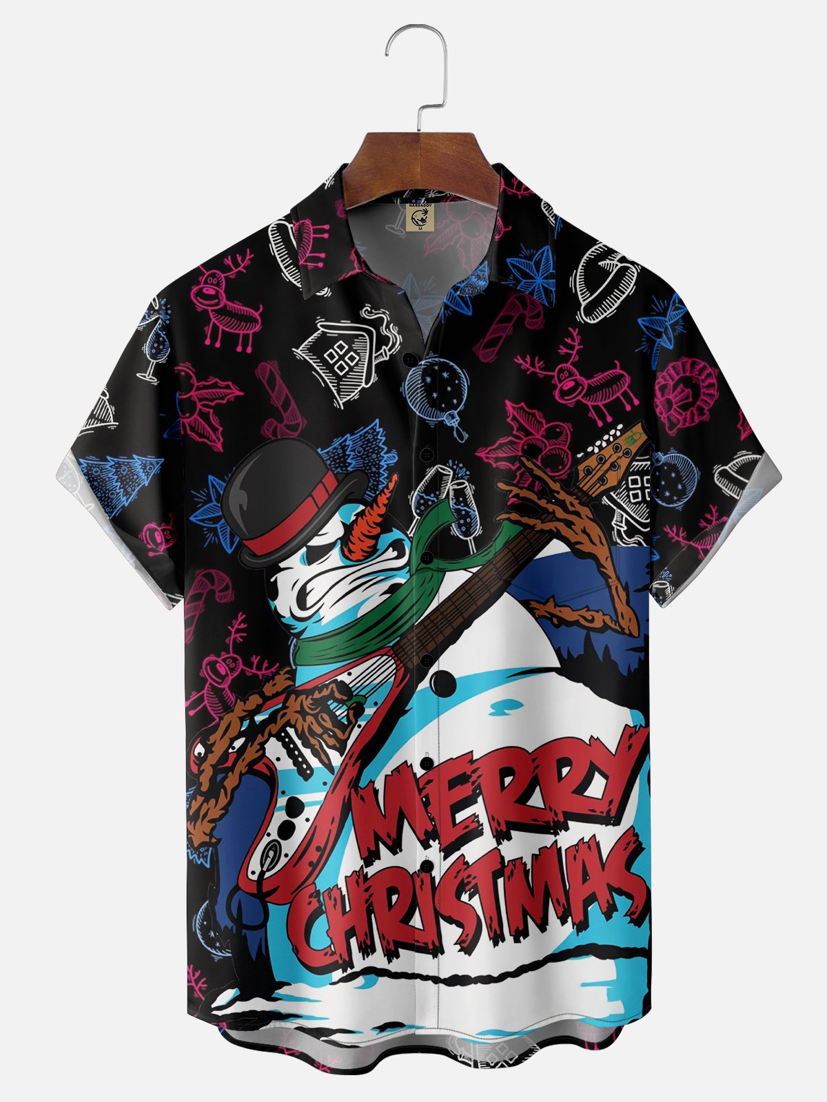 Moisture-wicking Christmas Snowman Guitar Chest Pocket Casual Shirt