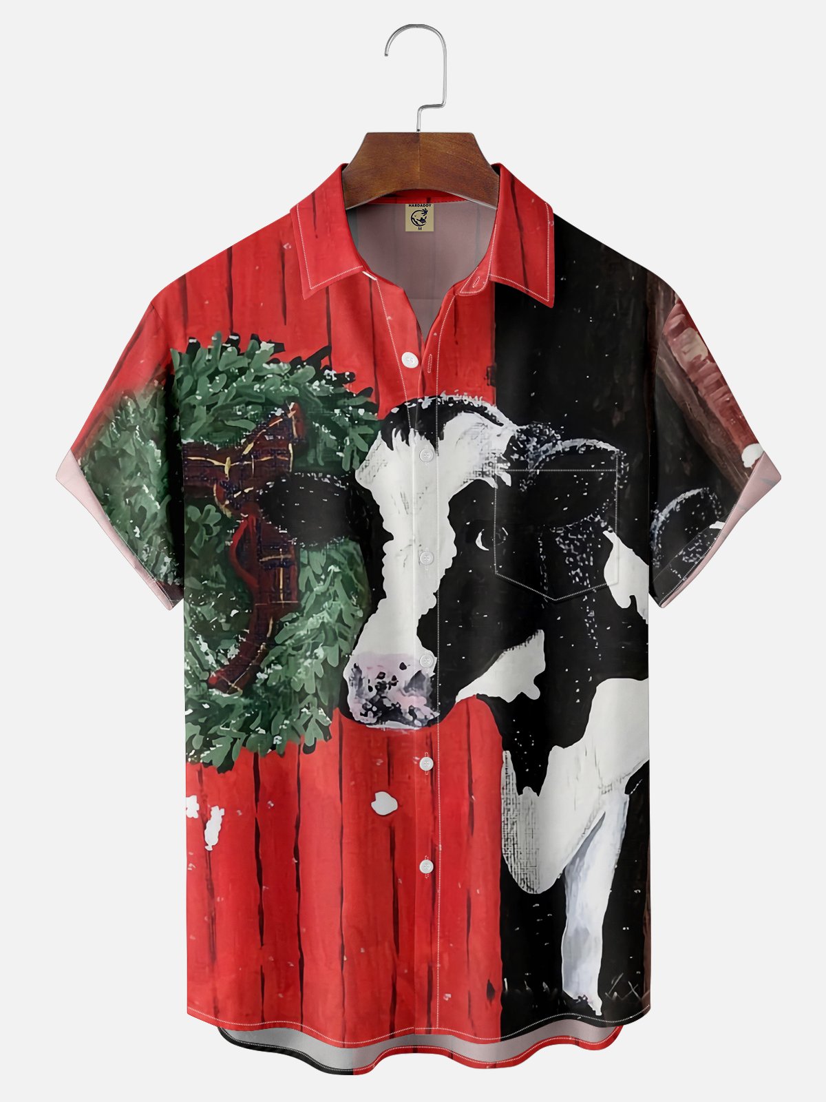 Moisture-wicking Christmas Wreath Cow Chest Pocket Casual Shirt