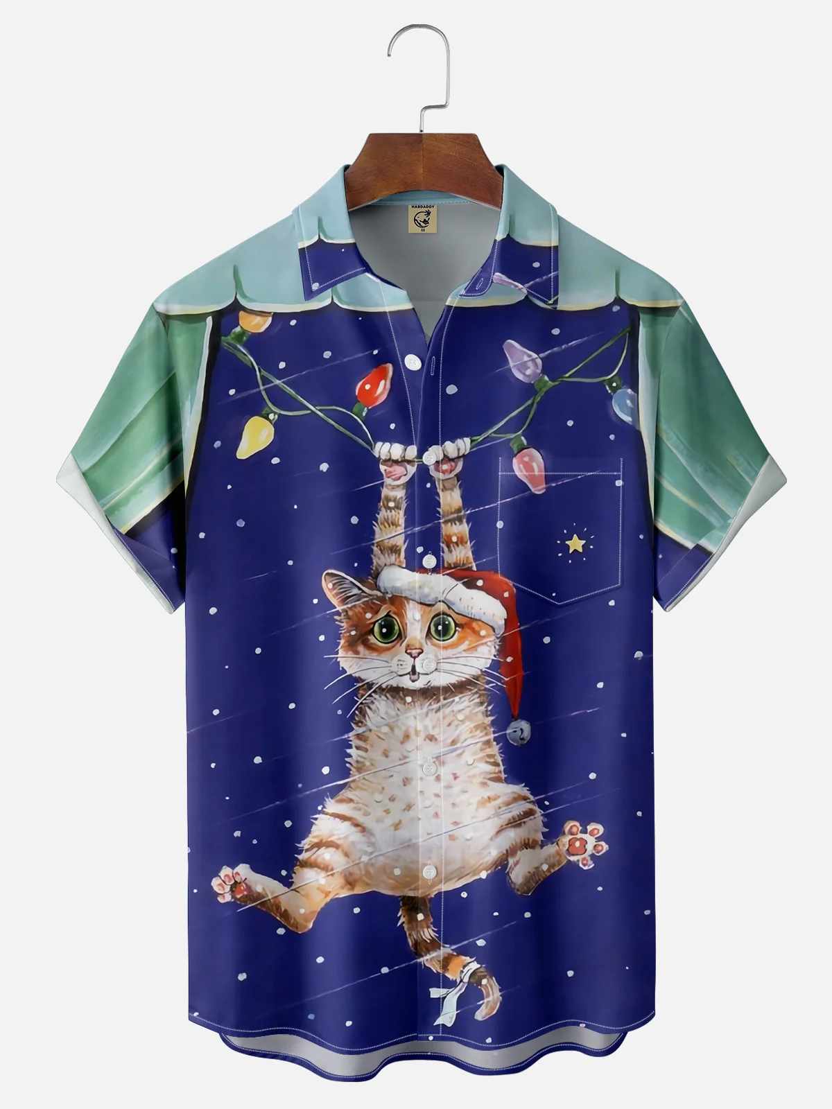 Moisture-wicking Christmas Naughty Cat Chest Pocket Casual Shirt