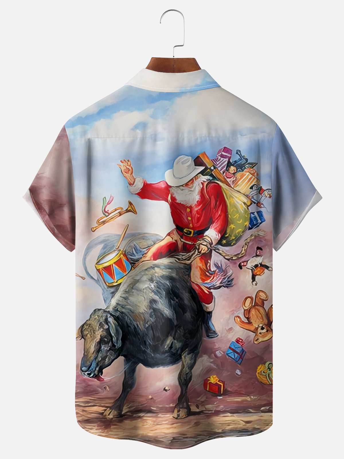 Moisture-wicking Santa Claus Riding a Sheep Delivering Gifts Chest Pocket Casual Shirt