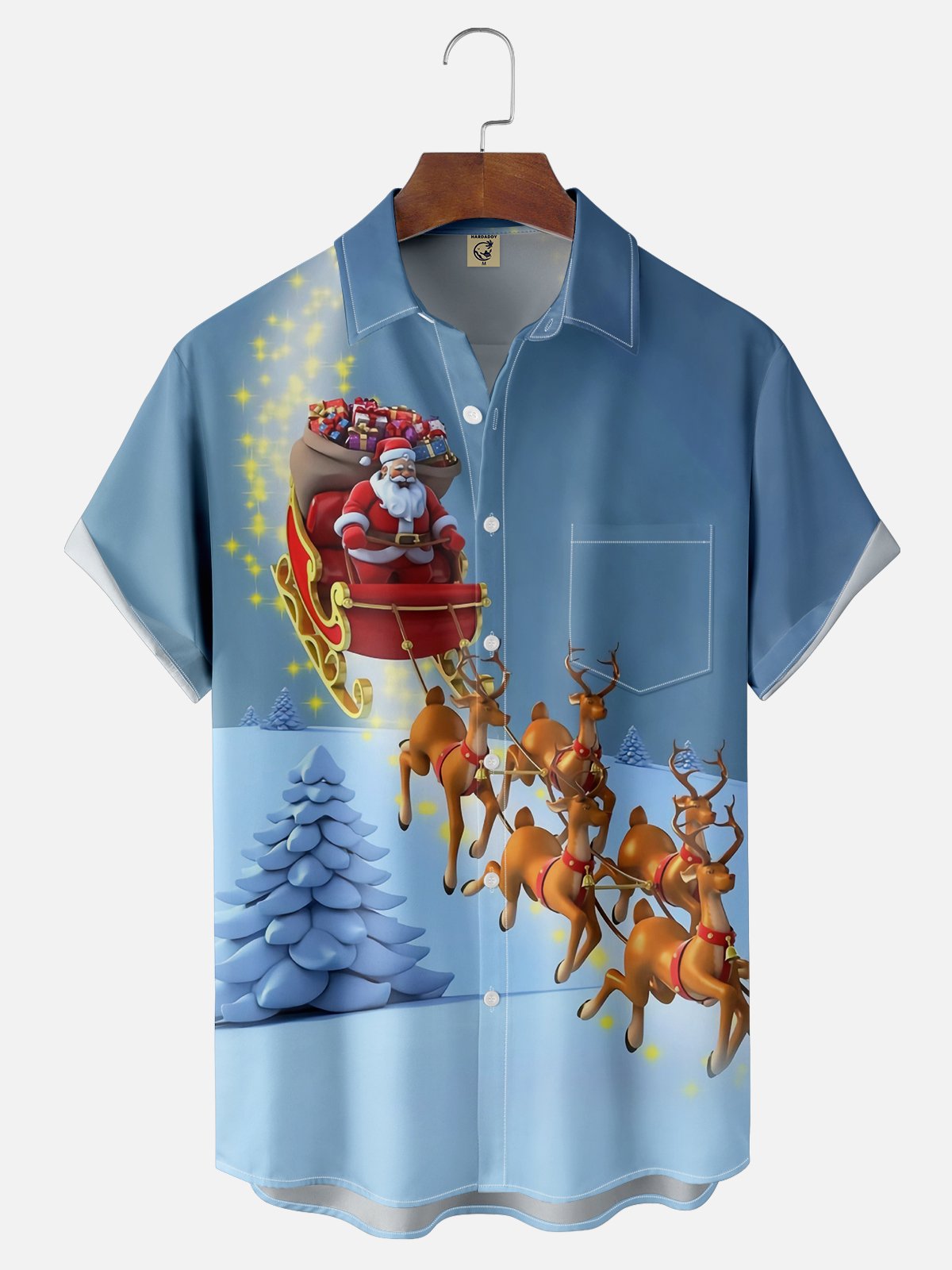 Moisture-wicking Christmas Santa Claus Riding Elks Chest Pocket Casual Shirt