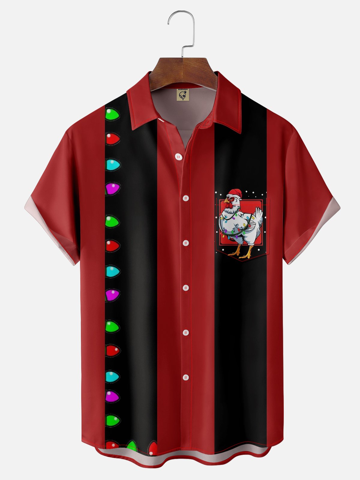 Moisture-wicking Christmas Light Rooster Chicken Chest Pocket Bowling Shirt