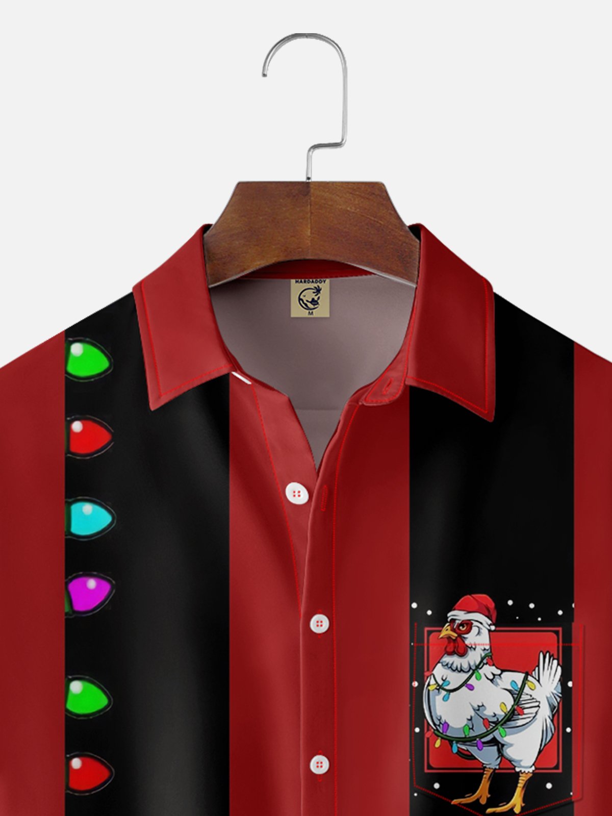 Moisture-wicking Christmas Light Rooster Chicken Chest Pocket Bowling Shirt