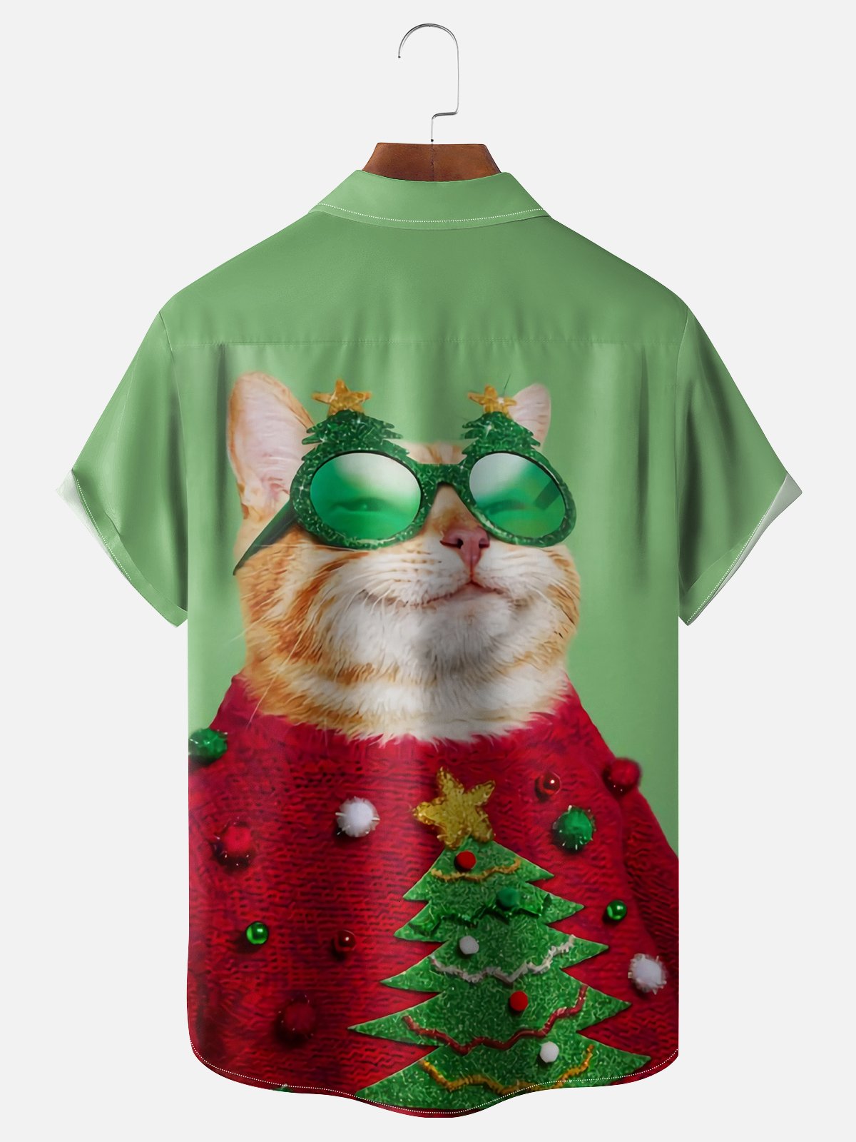 Moisture-wicking Christmas Cat Ugly Sweater Chest Pocket Casual Shirt