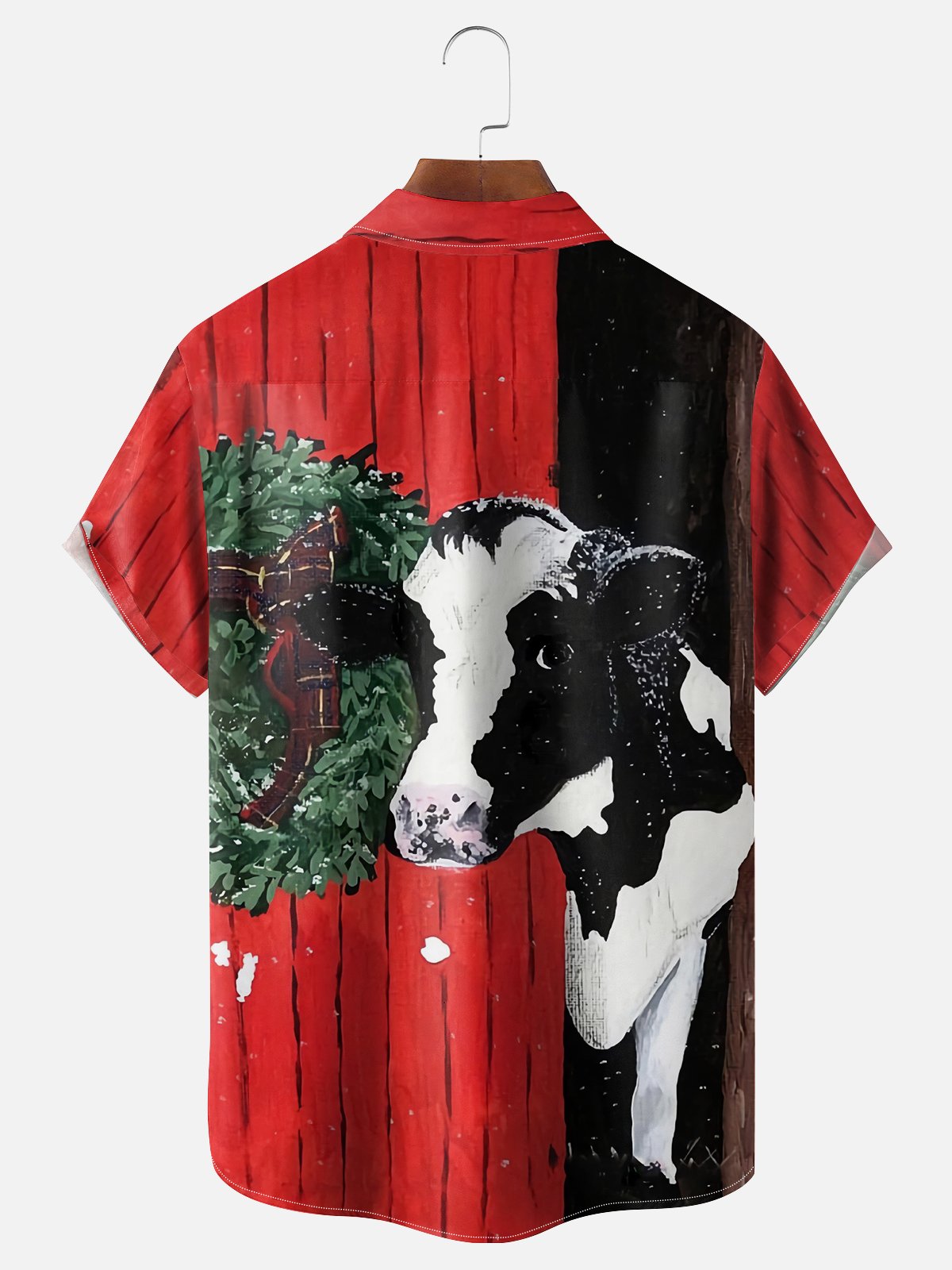 Moisture-wicking Christmas Wreath Cow Chest Pocket Casual Shirt