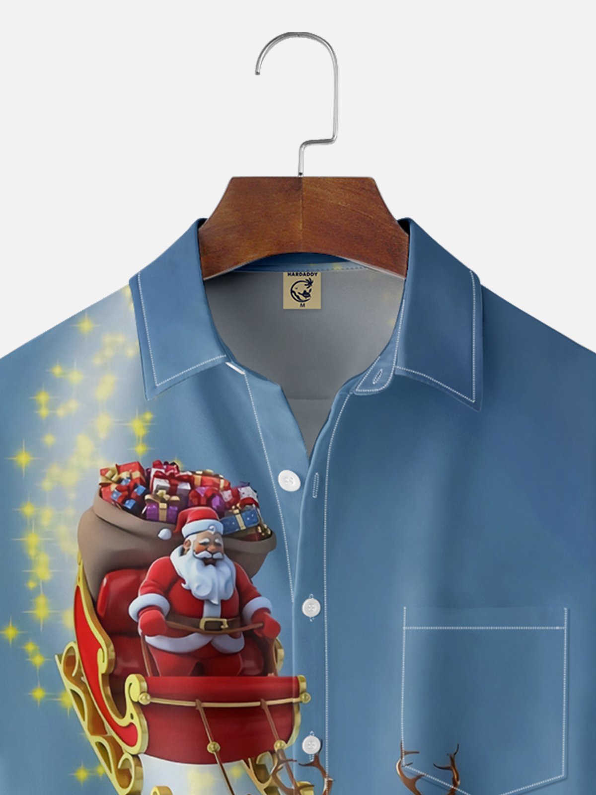 Moisture-wicking Christmas Santa Claus Riding Elks Chest Pocket Casual Shirt