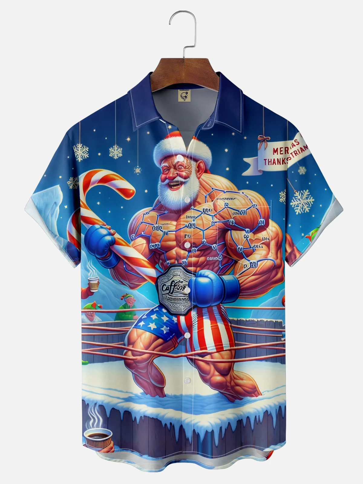 Moisture Wicking Christmas Santa Boxing Ring Chest Pocket Hawaiian Shirt