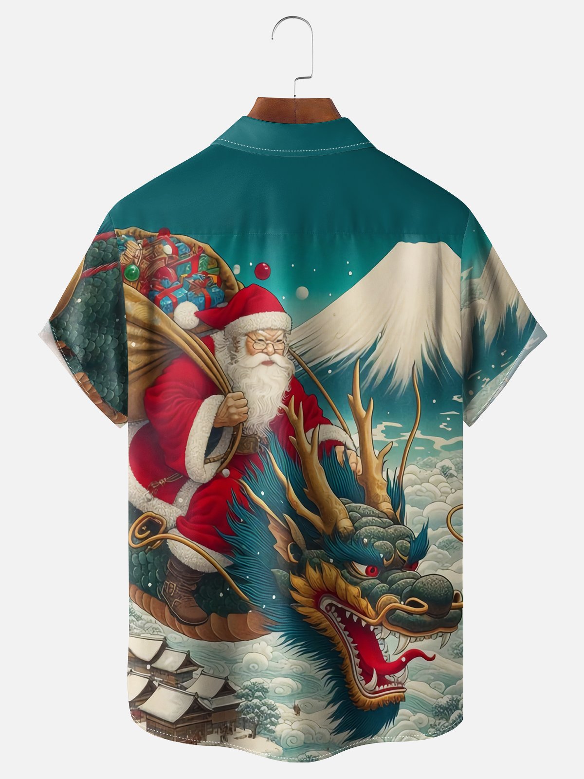 Moisture Wicking Christmas Mount Fuji Ukiyo-e Dragon Santa Claus Chest Pocket Hawaiian Shirt