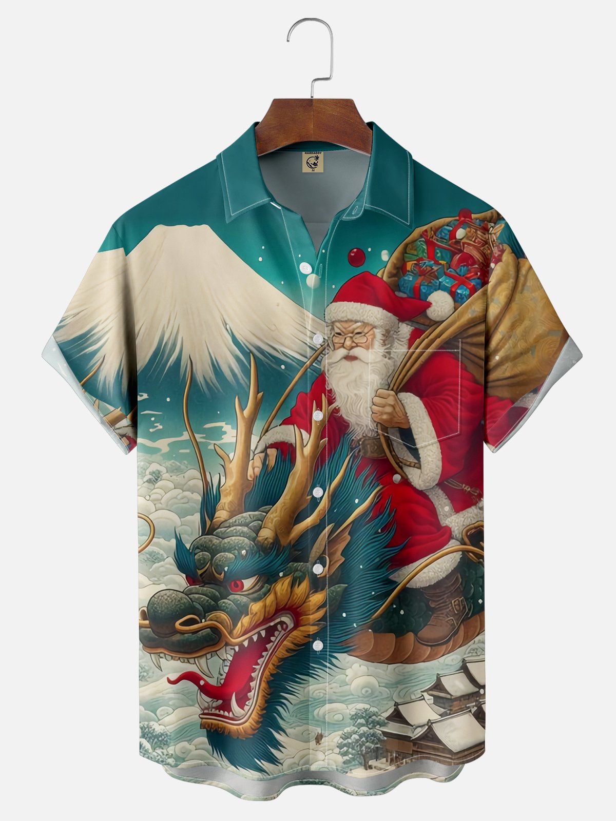 Moisture Wicking Christmas Mount Fuji Ukiyo-e Dragon Santa Claus Chest Pocket Hawaiian Shirt