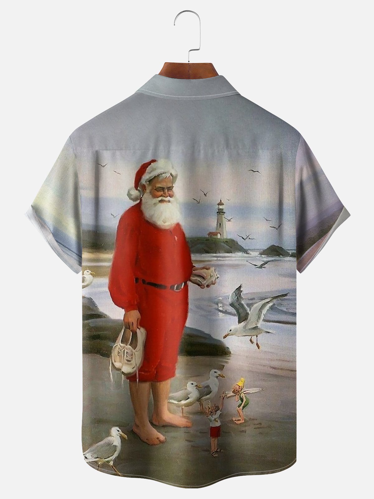 Moisture-wicking Santa Claus on Beach Vacation Chest Pocket Hawaiian Shirt