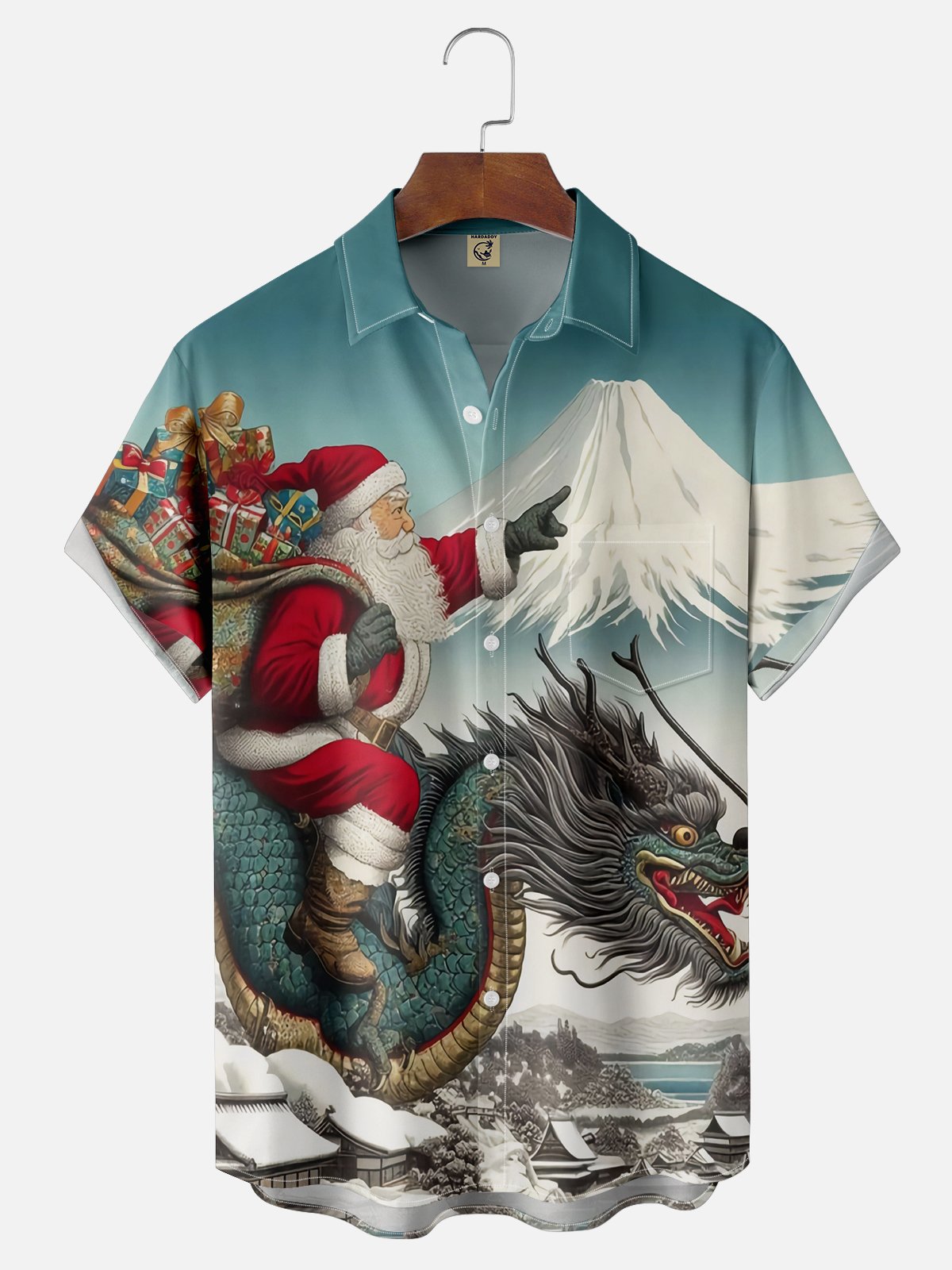 Moisture Wicking Christmas Mount Fuji Ukiyo-e Dragon Santa Claus Chest Pocket Hawaiian Shirt