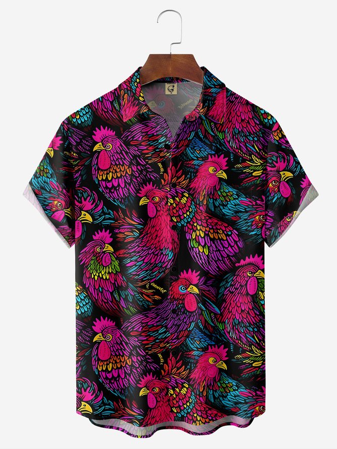 Tall Size Rooster Art Painting Chest Pocket Short Sleeve Casual Shirt