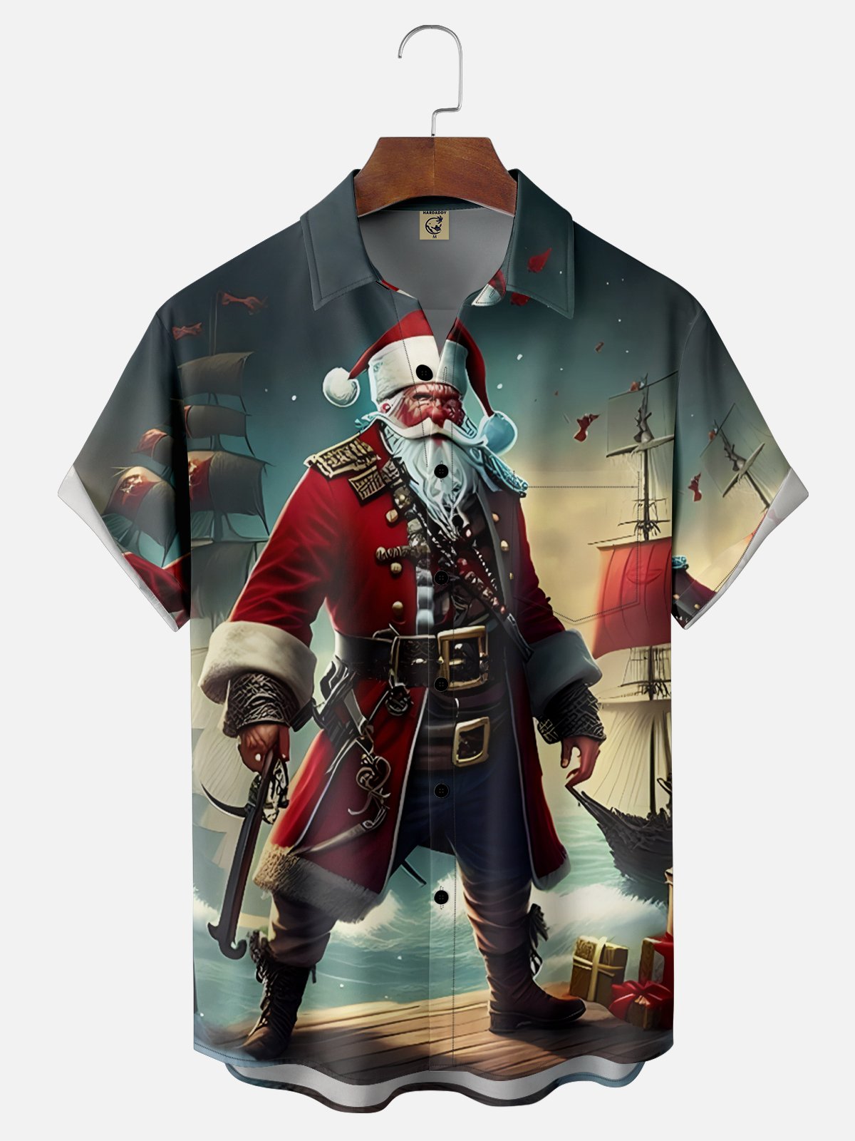 Moisture Wicking Christmas Pirate Santa Chest Pocket Hawaiian Shirt