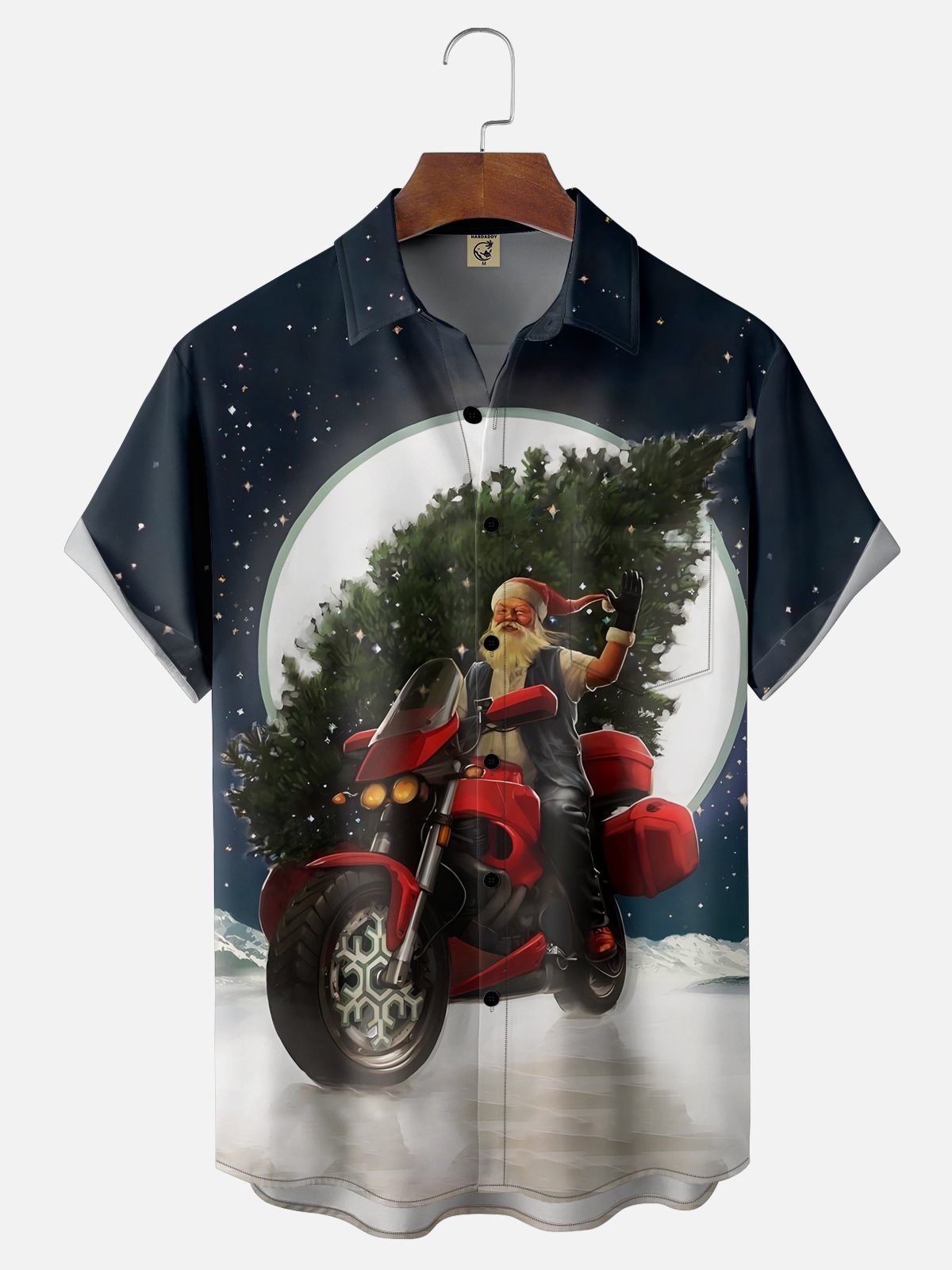 Moisture-wicking Santa Claus Christmas Tree Motorcycle Chest Pocket Casual Shirt