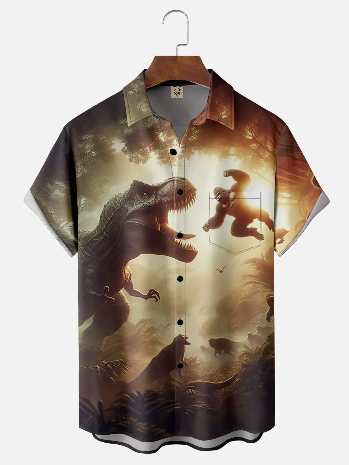 Moisture-wicking King Kong vs. Dinosaur Chest Pocket Hawaiian Shirt