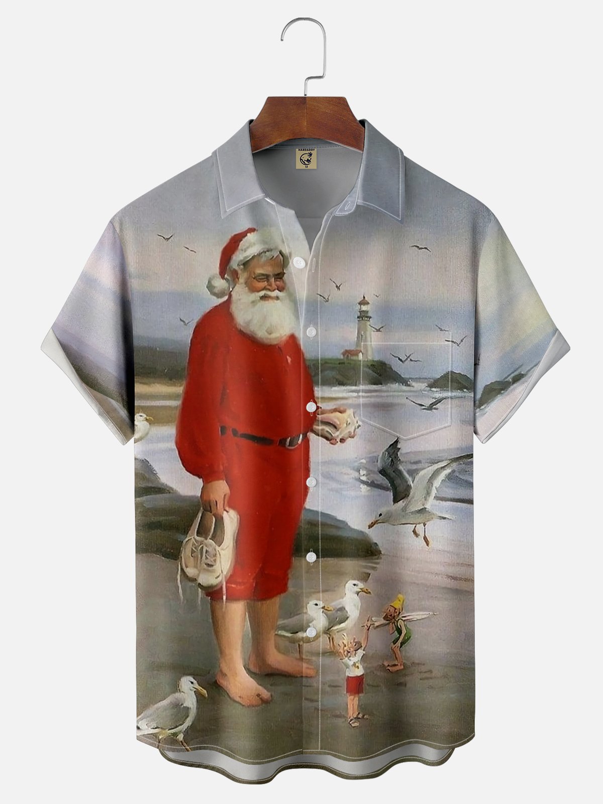 Moisture-wicking Santa Claus on Beach Vacation Chest Pocket Hawaiian Shirt