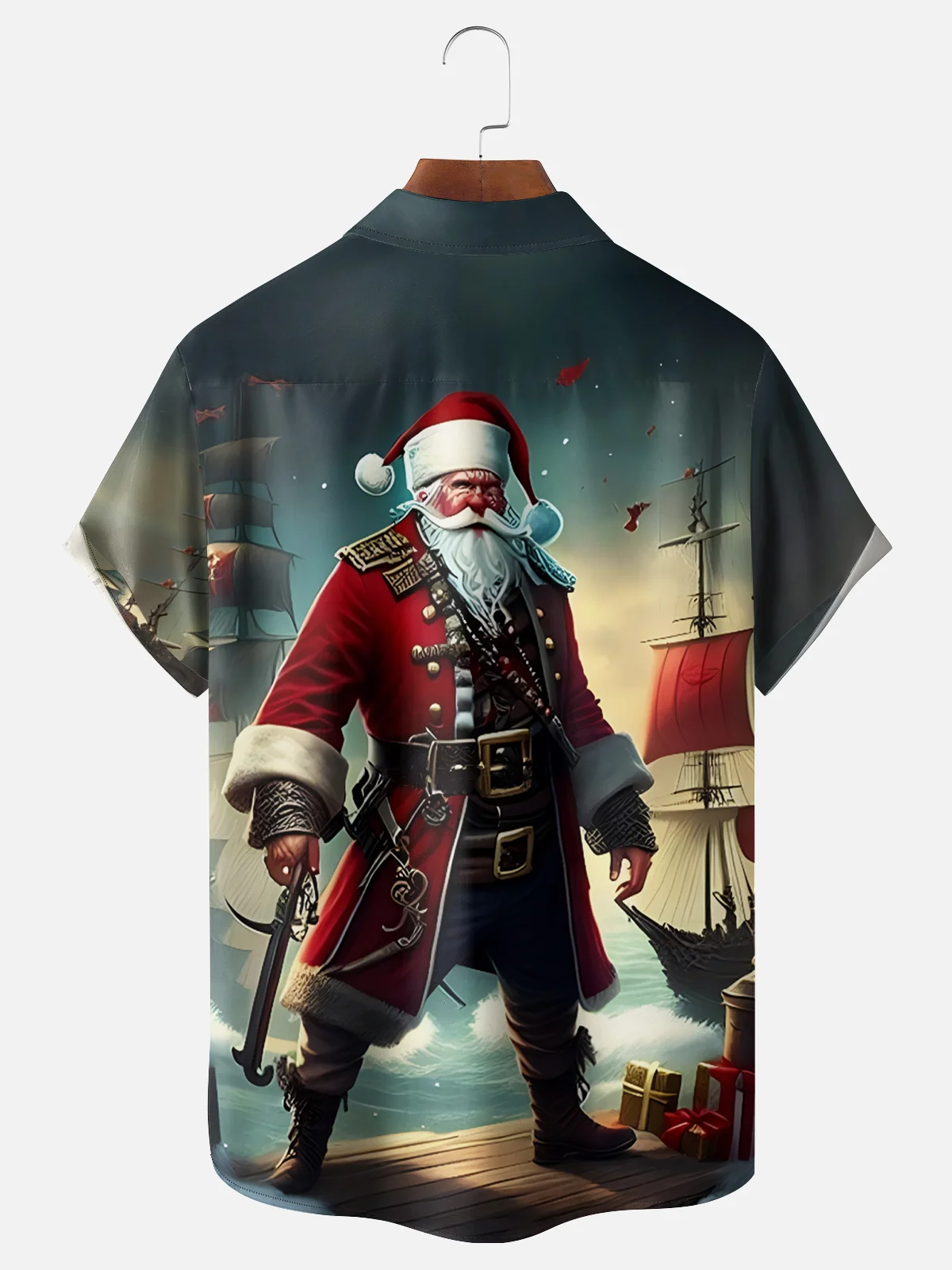 Moisture Wicking Christmas Pirate Santa Chest Pocket Hawaiian Shirt