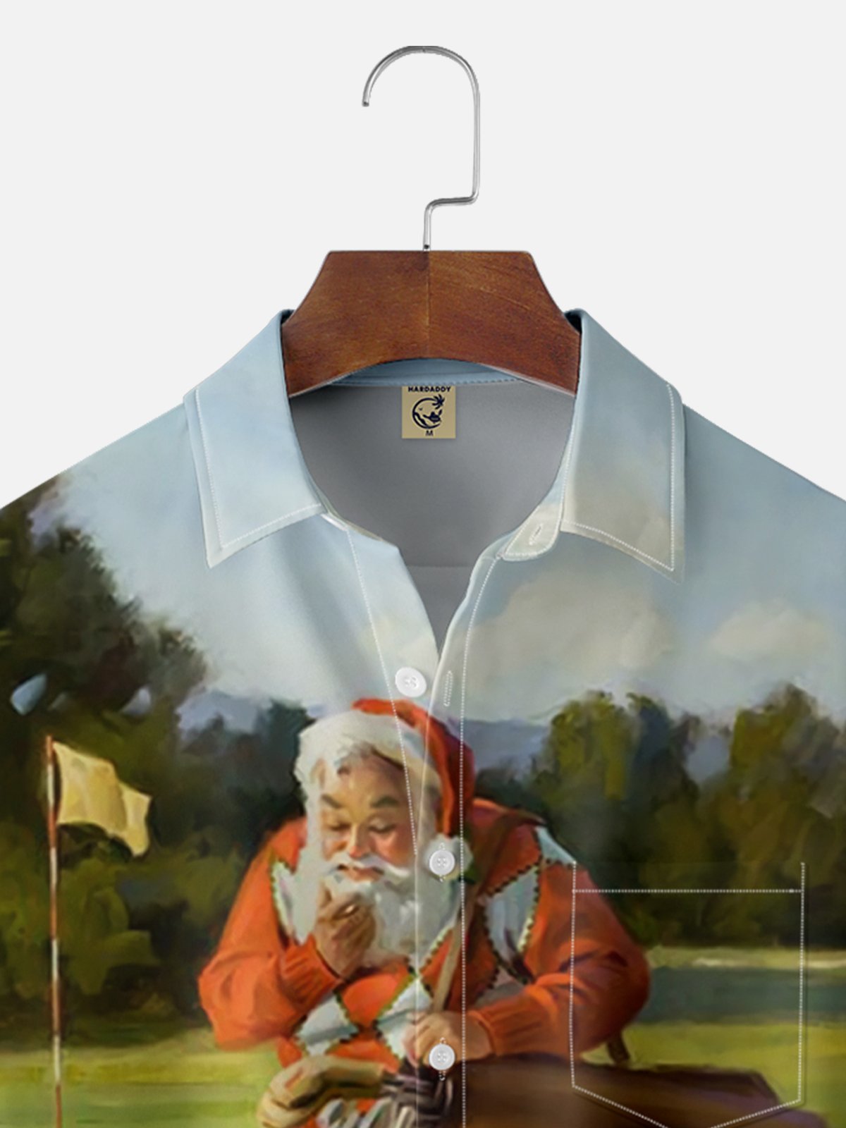 Moisture-wicking Holiday Golfing Santa Chest Pocket Hawaiian Shirt