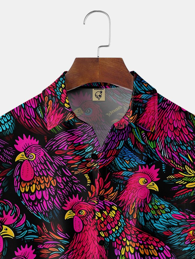 Tall Size Rooster Art Painting Chest Pocket Short Sleeve Casual Shirt