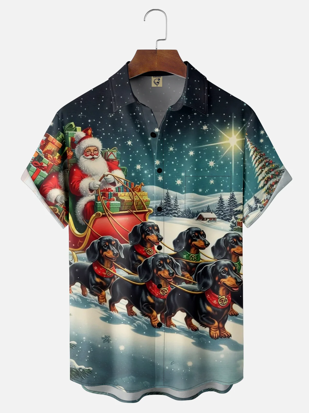 Moisture-wicking Puppy And Santa Claus Go Together Chest Pocket Hawaiian Shirt