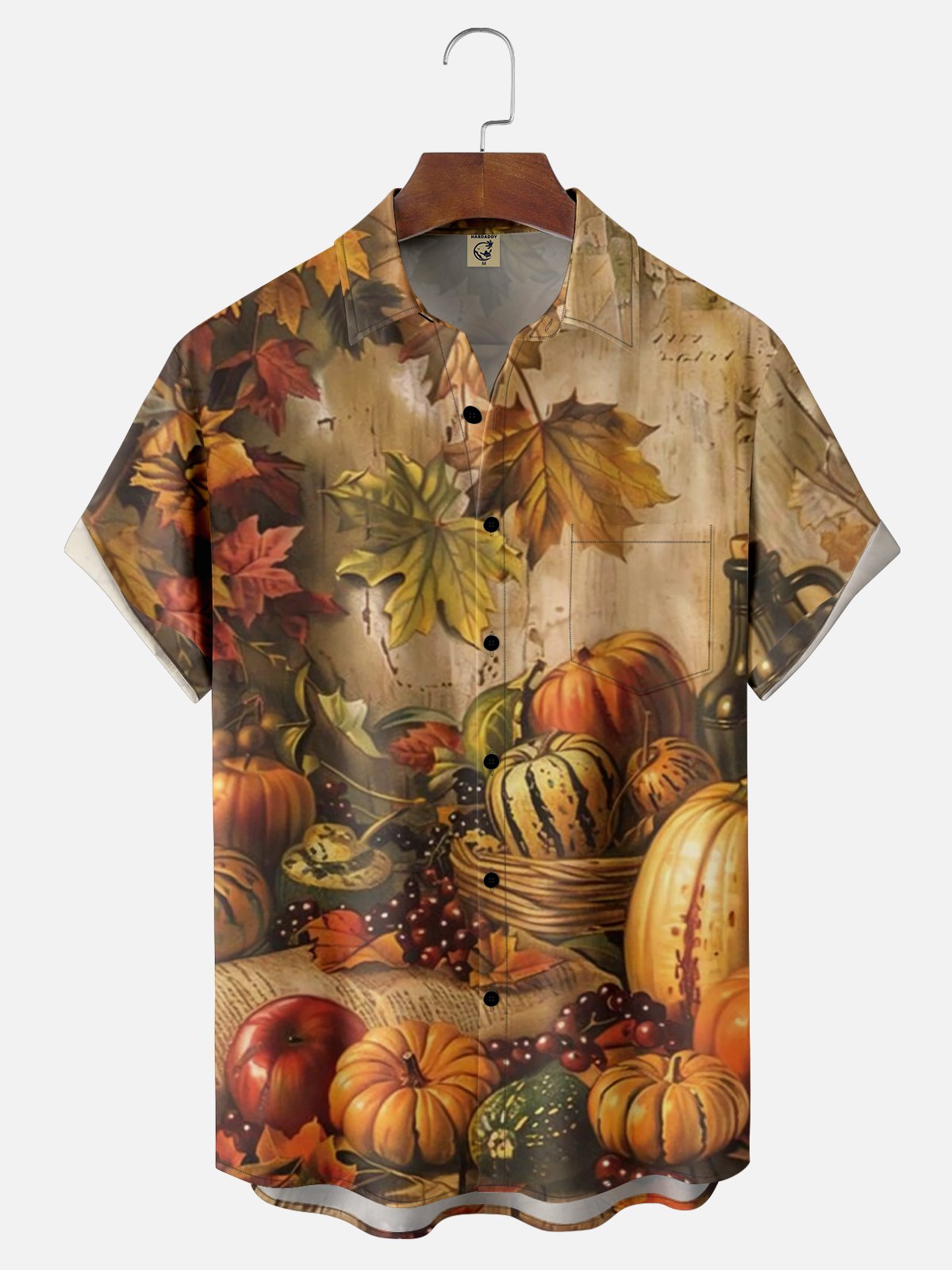 Moisture-wicking Thanksgiving Fall Harvest Pumpkins and Maple Leaves Chest Pocket Hawaiian Shirt