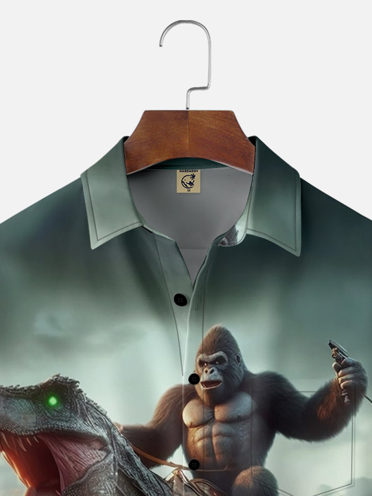 Moisture-wicking King Kong Riding Dinosaur Chest Pocket Hawaiian Shirt