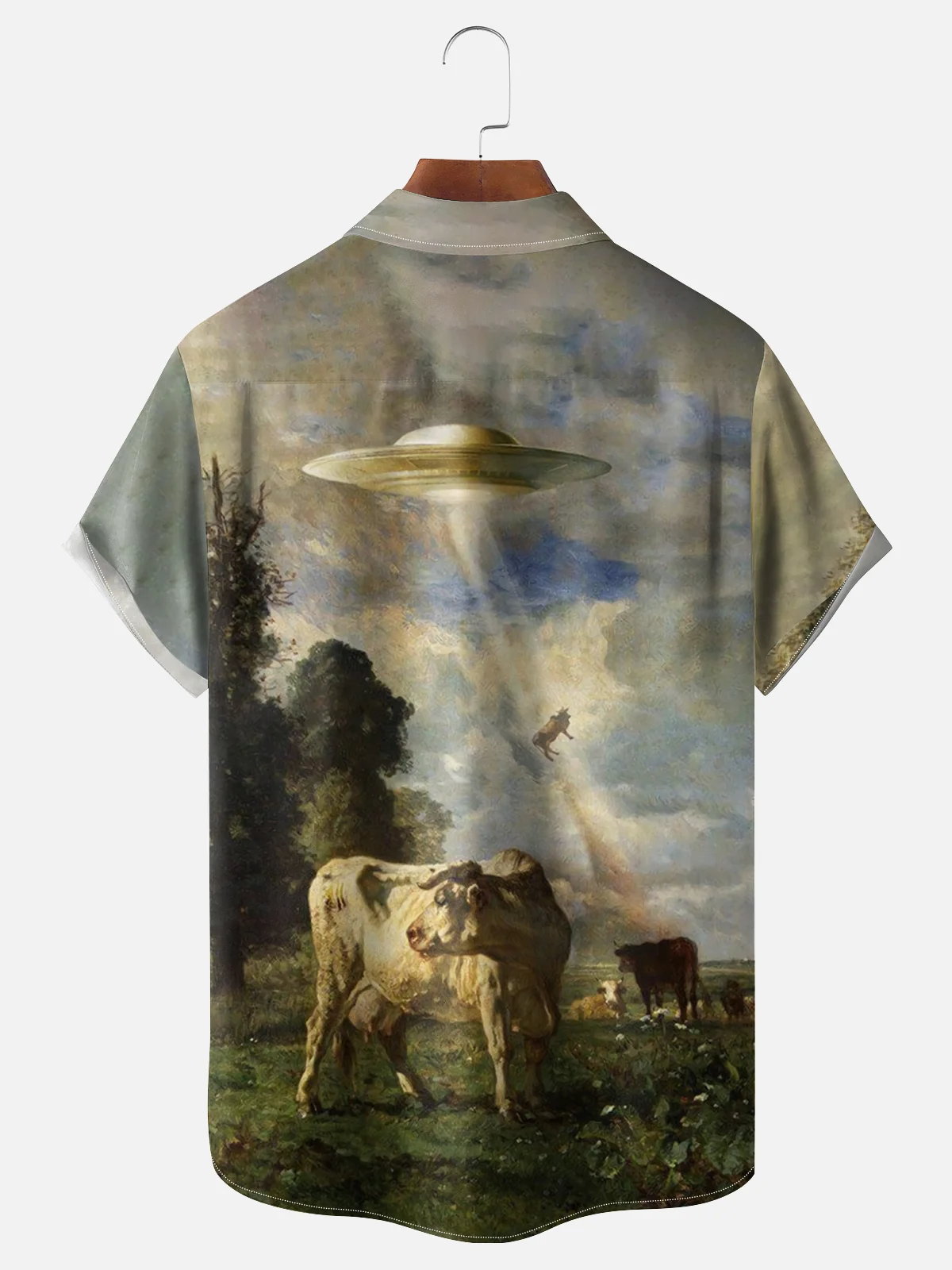 Moisture-wicking Alien UFO Cow Chest Pocket Hawaiian Shirt